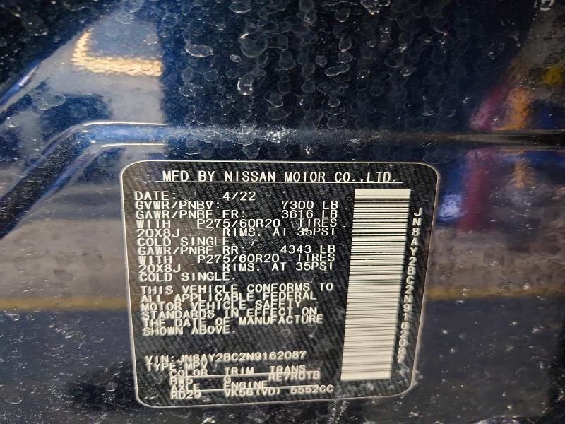 77979185 :رقم المزاد ، JN8AY2BC2N9162087 vin ، 2022 Nissan Armada مزاد بيع
