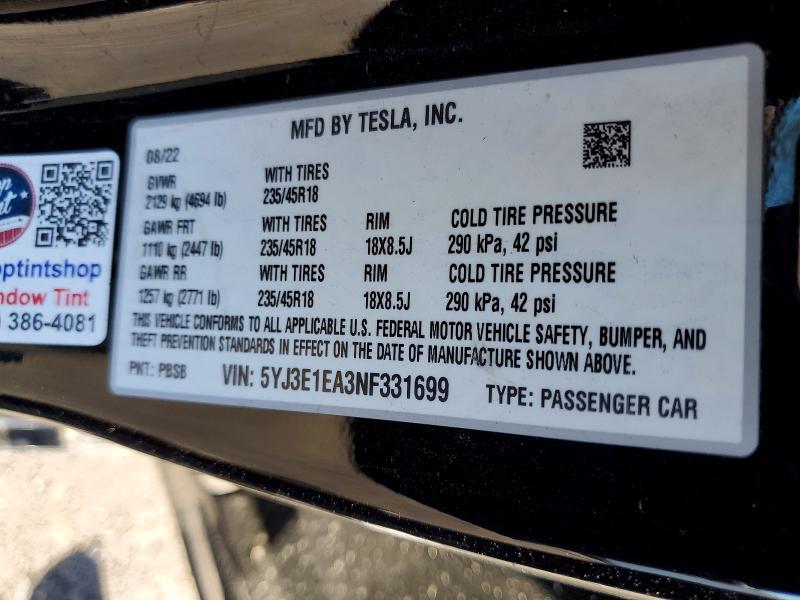 77382405 :رقم المزاد ، 5YJ3E1EA3NF331699 vin ، 2022 Tesla Model 3 مزاد بيع