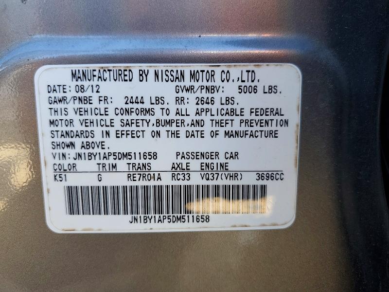 2013 Infiniti M37 მანქანა იყიდება აუქციონზე, vin: JN1BY1AP5DM511658, აუქციონის ნომერი: 75783045