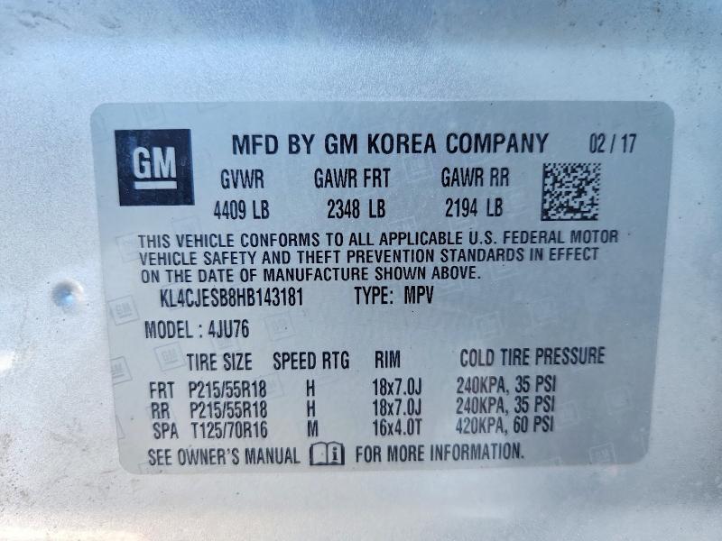 76179525 :رقم المزاد ، KL4CJESB8HB143181 vin ، 2017 Buick Encore مزاد بيع