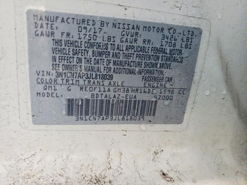 2018 Nissan Versa მანქანა იყიდება აუქციონზე, vin: 3N1CN7AP3JL818039, აუქციონის ნომერი: 75973515