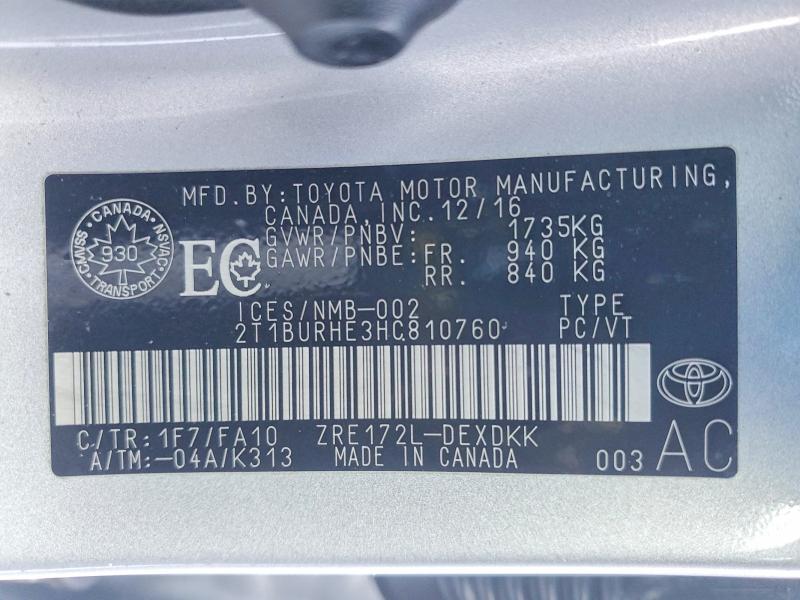 2017 Toyota Corolla მანქანა იყიდება აუქციონზე, vin: 2T1BURHE3HC810760, აუქციონის ნომერი: 75726285