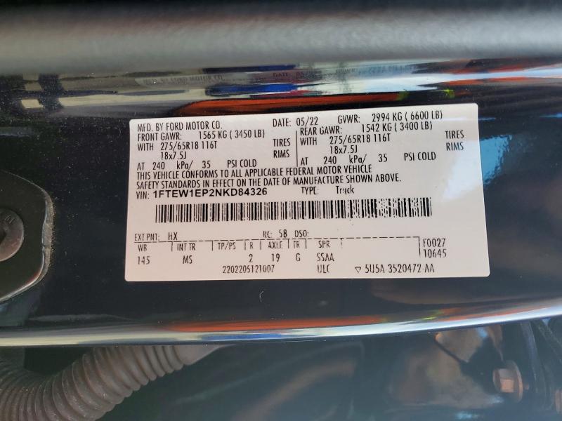 2022 Ford F150 მანქანა იყიდება აუქციონზე, vin: 1FTEW1EP2NKD84326, აუქციონის ნომერი: 78364095