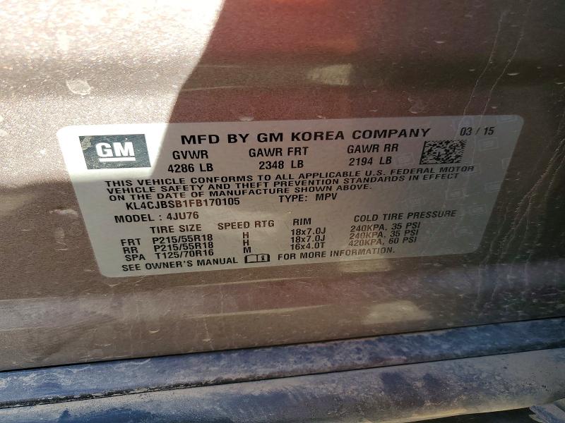 76652155 :رقم المزاد ، KL4CJBSB1FB170105 vin ، 2015 Buick Encore مزاد بيع