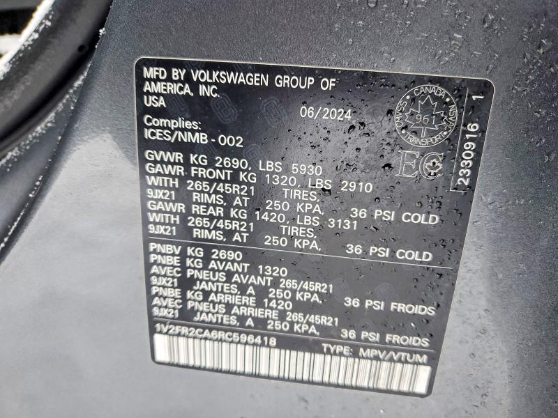 Aukcja sprzedaży 2024 Volkswagen Atlas, vin: 1V2FR2CA6RC596418, numer aukcji: 78249985