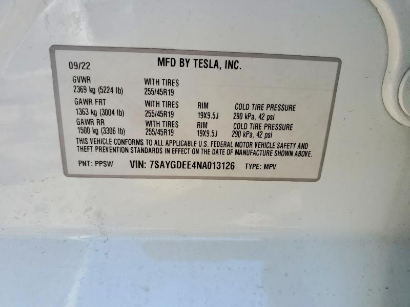 Aukcja sprzedaży 2022 Tesla Model Y, vin: 7SAYGDEE4NA013126, numer aukcji: 78859165