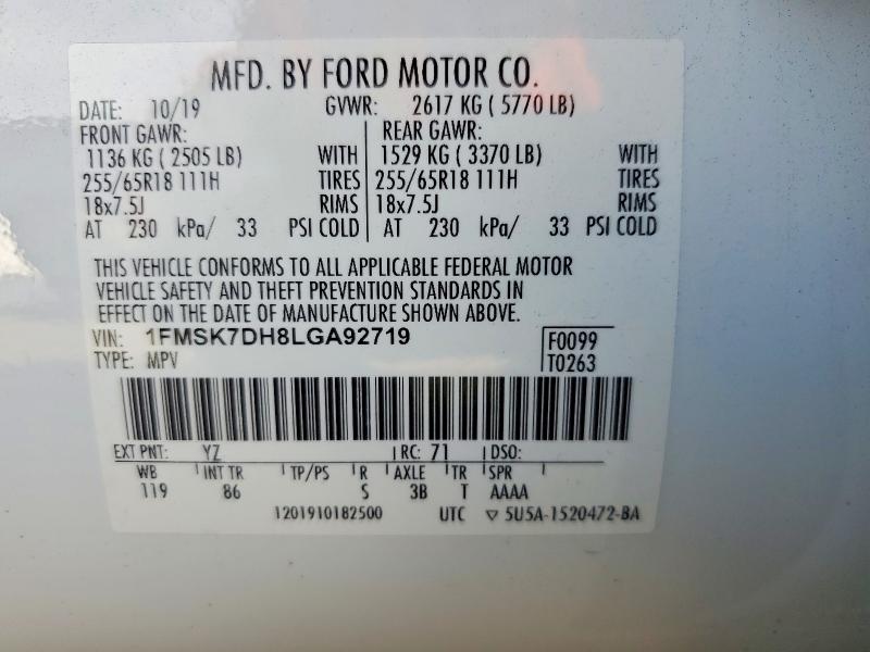 Продаж на аукціоні авто 2020 Ford Explorer, vin: 1FMSK7DH8LGA92719, номер лоту: 79107085