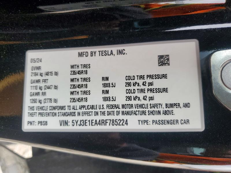 Продаж на аукціоні авто 2024 Tesla Model 3, vin: 5YJ3E1EA4RF785224, номер лоту: 75508945