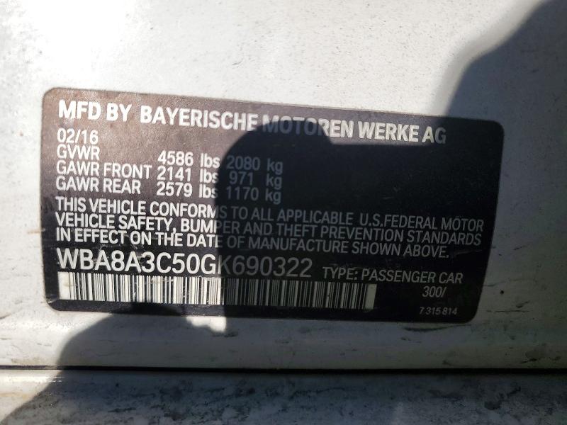 77940975 :رقم المزاد ، WBA8A3C50GK690322 vin ، 2016 Bmw 320 مزاد بيع