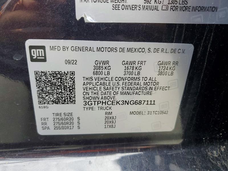 77179745 :رقم المزاد ، 3GTPHCEK3NG687111 vin ، 2022 Gmc Sierra مزاد بيع