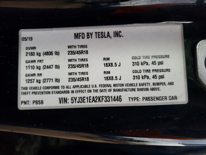 2019 Tesla Model 3 მანქანა იყიდება აუქციონზე, vin: 5YJ3E1EA2KF331446, აუქციონის ნომერი: 78139305