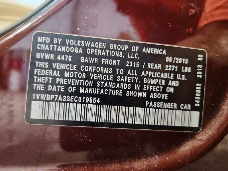 79043575 :رقم المزاد ، 1VWBP7A33EC019554 vin ، 2014 Volkswagen Passat مزاد بيع