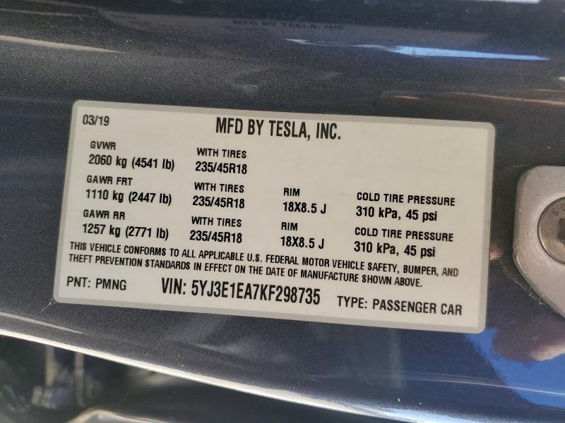 Auction sale of the 2019 Tesla Model 3, vin: 5YJ3E1EA7KF298735, lot number: 78410675