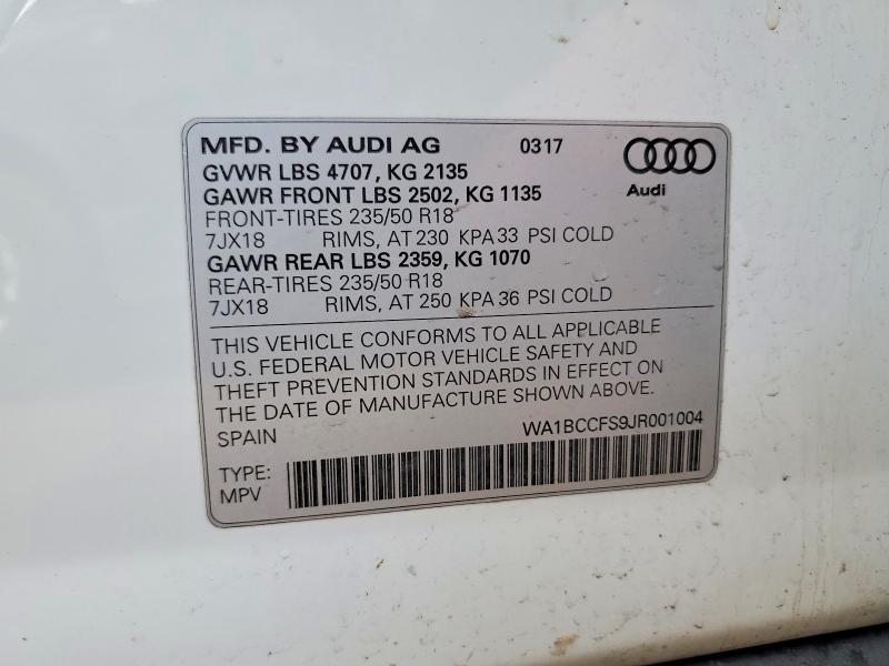 77370965 :رقم المزاد ، WA1BCCFS9JR001004 vin ، 2018 Audi Q3 مزاد بيع