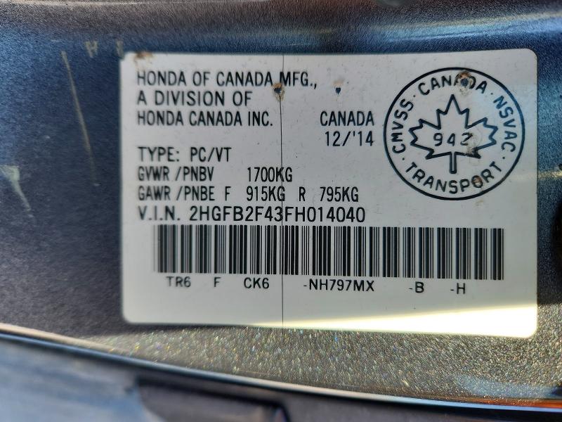 Aukcja sprzedaży 2015 Honda Civic, vin: 2HGFB2F43FH014040, numer aukcji: 77762175