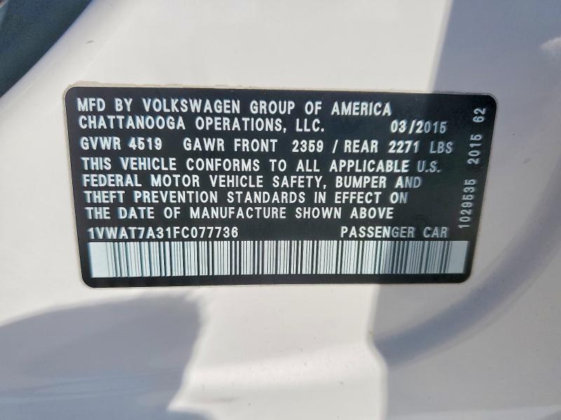 76029285 :رقم المزاد ، 1VWAT7A31FC077736 vin ، 2015 Volkswagen Passat مزاد بيع