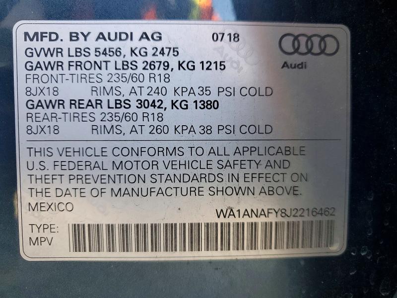 77931415 :رقم المزاد ، WA1ANAFY8J2216462 vin ، 2018 Audi Q5 مزاد بيع