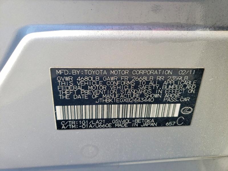 Продаж на аукціоні авто 2011 Lexus Es, vin: JTHBK1EGXB2443440, номер лоту: 76226445