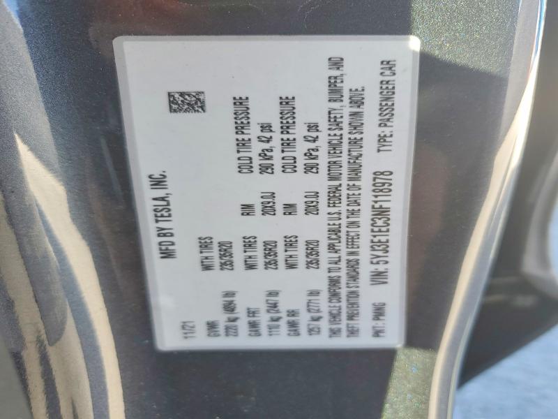 78500875 :رقم المزاد ، 5YJ3E1EC3NF118978 vin ، 2022 Tesla Model 3 مزاد بيع