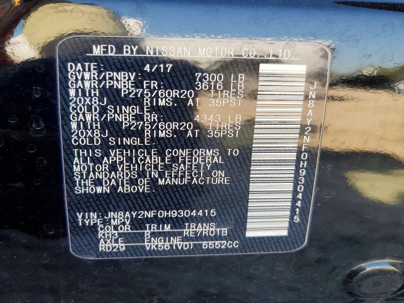 2017 Nissan Armada მანქანა იყიდება აუქციონზე, vin: JN8AY2NF0H9304415, აუქციონის ნომერი: 79002845