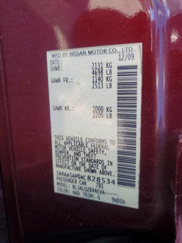 Продажа на аукционе авто 2010 Nissan Maxima, vin: 1N4AA5AP0AC828534, номер лота: 74298795