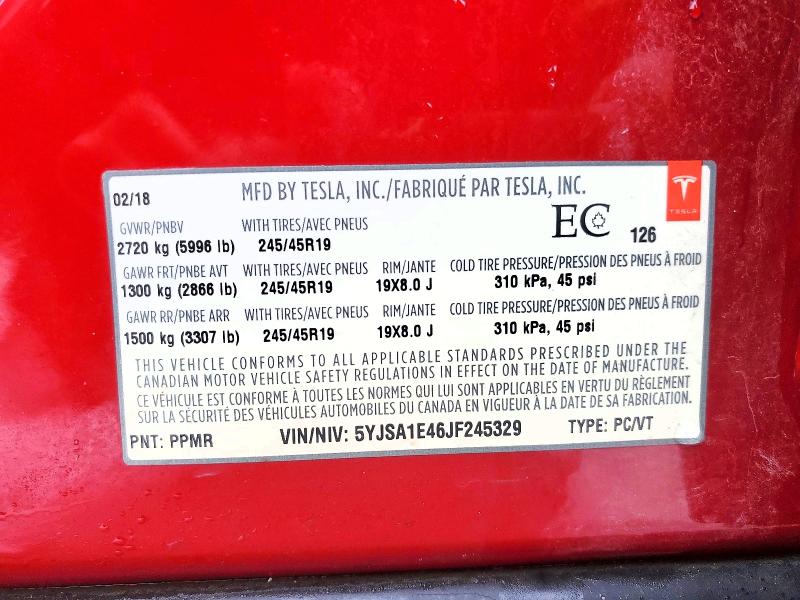 Продаж на аукціоні авто 2018 Tesla Model S, vin: 5YJSA1E46JF245329, номер лоту: 77360045