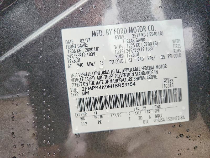 2017 Ford Edge მანქანა იყიდება აუქციონზე, vin: 2FMPK4K99HBB53154, აუქციონის ნომერი: 78250515