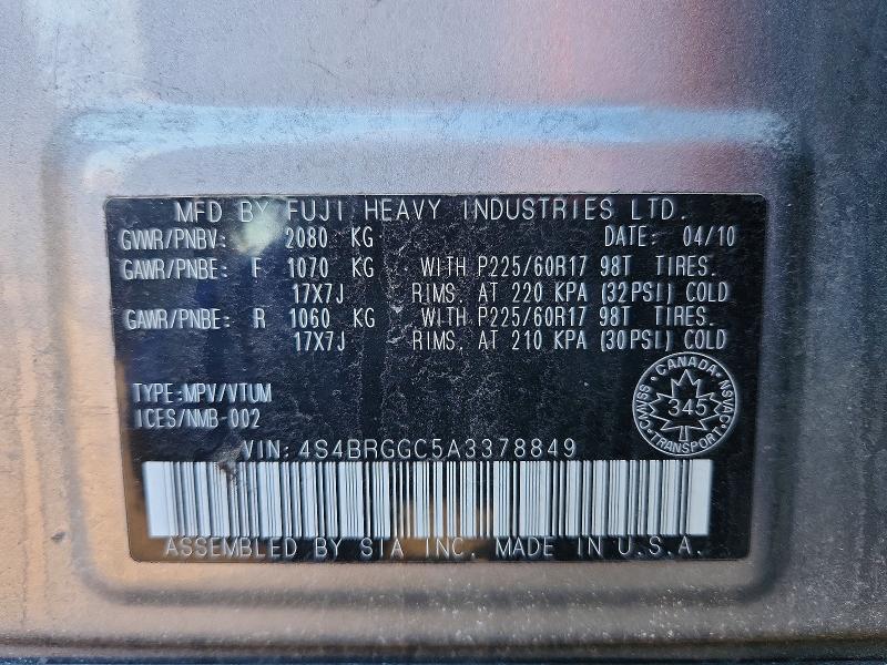 Aukcja sprzedaży 2010 Subaru Outback, vin: 4S4BRGGC5A3378849, numer aukcji: 76814025
