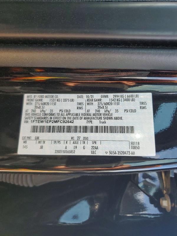 78070935 :رقم المزاد ، 1FTEW1EP2MFC92642 vin ، 2021 Ford F150 مزاد بيع