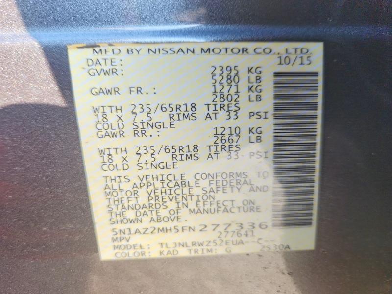 76243735 :رقم المزاد ، 5N1AZ2MH5FN277336 vin ، 2015 Nissan Murano مزاد بيع