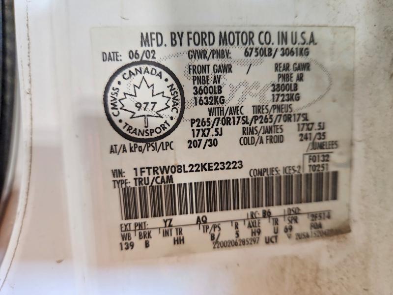 2002 Ford F150 მანქანა იყიდება აუქციონზე, vin: 1FTRW08L22KE23223, აუქციონის ნომერი: 76880625