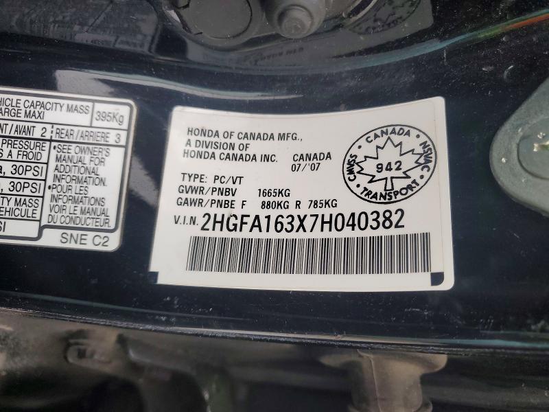 Aukcja sprzedaży 2007 Honda Civic, vin: 2HGFA163X7H040382, numer aukcji: 78918285