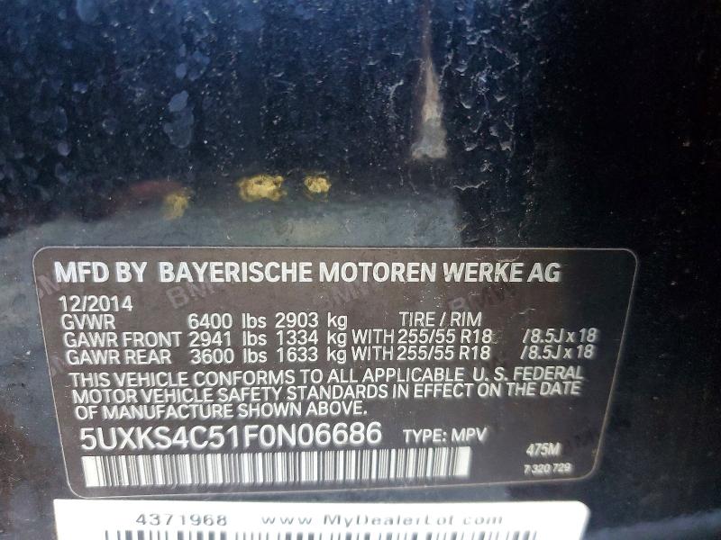 76203825 :رقم المزاد ، 5UXKS4C51F0N06686 vin ، 2015 Bmw X5 مزاد بيع