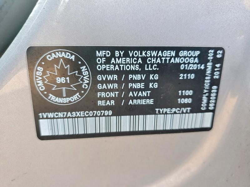 Продажа на аукционе авто 2014 Volkswagen Passat, vin: 1VWCN7A3XEC070799, номер лота: 79079445