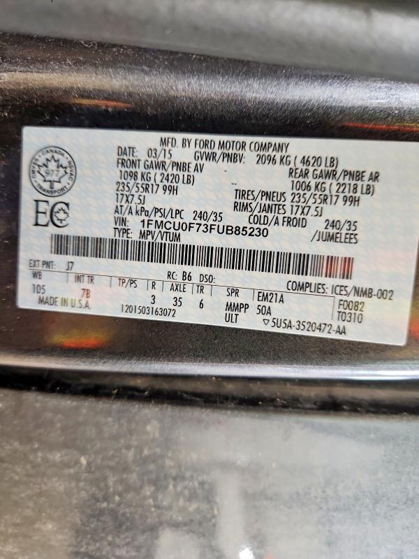 78848255 :رقم المزاد ، 1FMCU0F73FUB85230 vin ، 2015 Ford Escape مزاد بيع