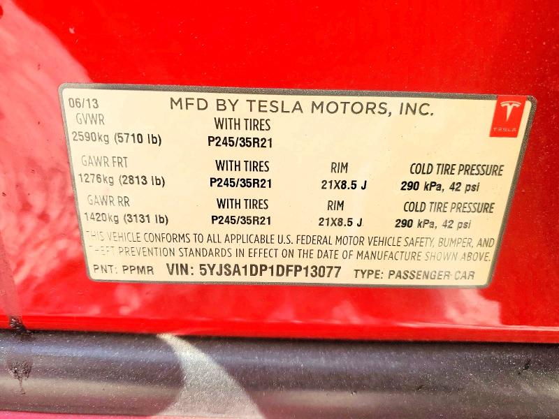2013 Tesla Model S მანქანა იყიდება აუქციონზე, vin: 5YJSA1DP1DFP13077, აუქციონის ნომერი: 77237415