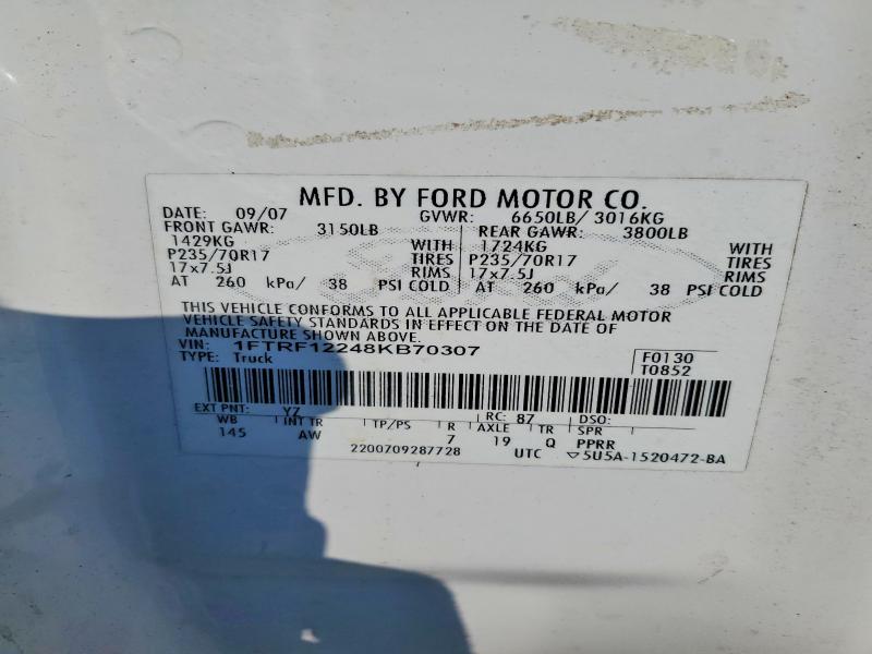 2008 Ford F150 მანქანა იყიდება აუქციონზე, vin: 1FTRF12248KB70307, აუქციონის ნომერი: 78785705
