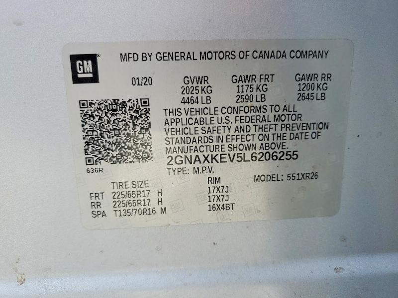 2020 Chevrolet Equinox მანქანა იყიდება აუქციონზე, vin: 2GNAXKEV5L6206255, აუქციონის ნომერი: 78508815