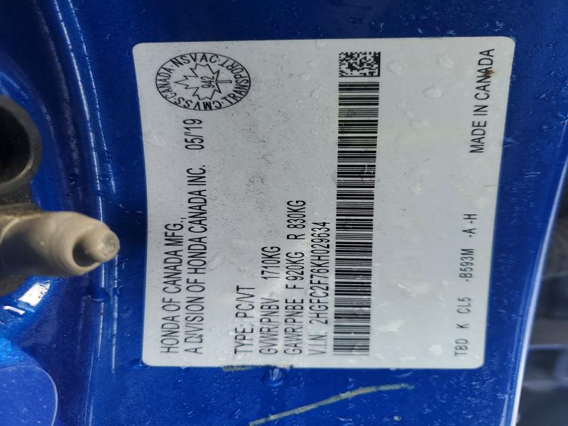 Aukcja sprzedaży 2019 Honda Civic, vin: 2HGFC2F76KH029634, numer aukcji: 77468755