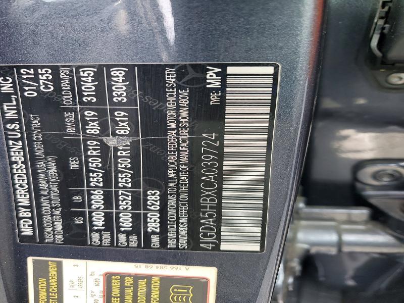 Aukcja sprzedaży 2012 Mercedes-benz Ml, vin: 4JGDA5HBXCA039724, numer aukcji: 77197815