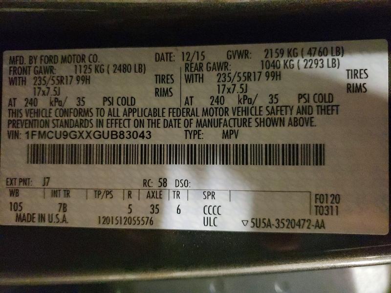 75926015 :رقم المزاد ، 1FMCU9GXXGUB83043 vin ، 2016 Ford Escape مزاد بيع