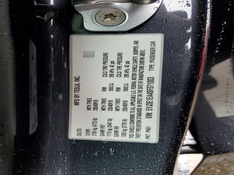 Auction sale of the 2025 Tesla Model 3, vin: 5YJ3E1EA4SF071003, lot number: 77430465