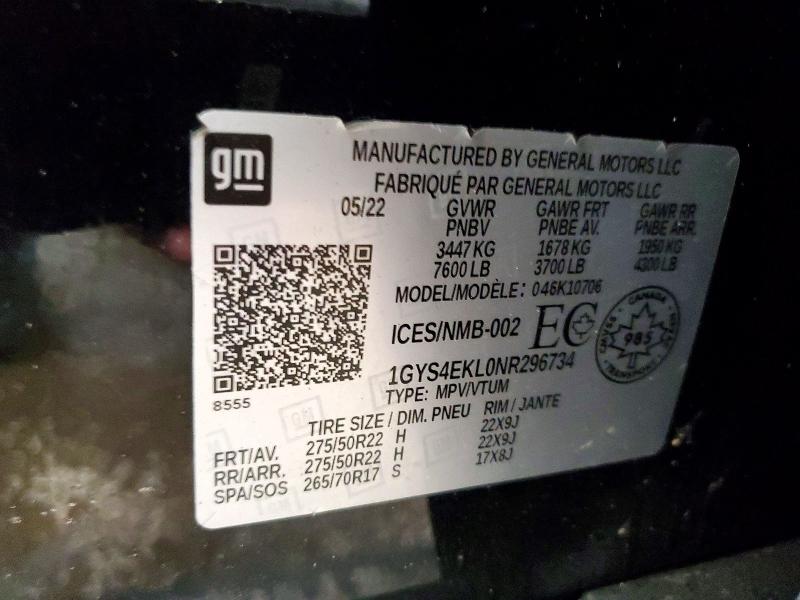2022 Cadillac Escalade მანქანა იყიდება აუქციონზე, vin: 1GYS4EKL0NR296734, აუქციონის ნომერი: 76702325