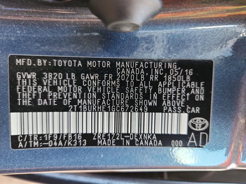 77913675 :رقم المزاد ، 2T1BURHE1GC672649 vin ، 2016 Toyota Corolla مزاد بيع