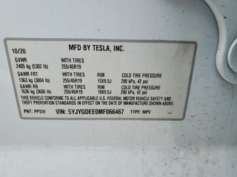 74834795 :رقم المزاد ، 5YJYGDEE0MF066467 vin ، 2021 Tesla Model Y مزاد بيع