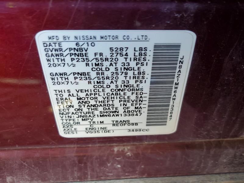 78051965 :رقم المزاد ، JN8AZ1MW6AW133847 vin ، 2010 Nissan Murano مزاد بيع