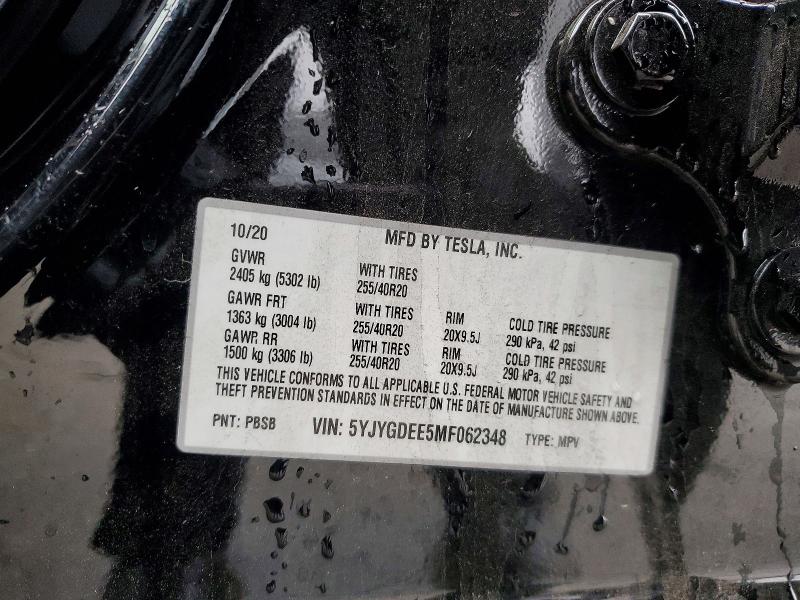 2021 Tesla Model Y მანქანა იყიდება აუქციონზე, vin: 5YJYGDEE5MF062348, აუქციონის ნომერი: 76609175