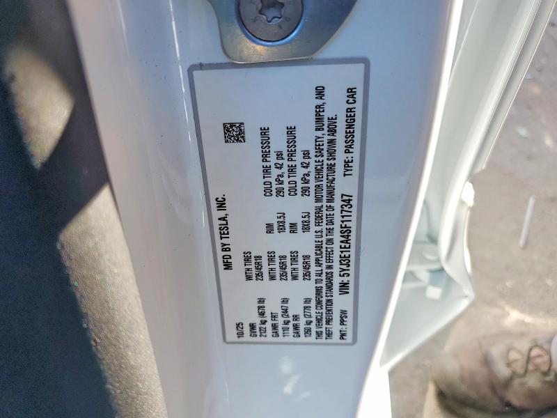 2025 Tesla Model 3 მანქანა იყიდება აუქციონზე, vin: 5YJ3E1EA4SF117347, აუქციონის ნომერი: 77327955