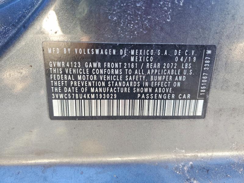 2019 Volkswagen Jetta მანქანა იყიდება აუქციონზე, vin: 3VWC57BU4KM193029, აუქციონის ნომერი: 74429825