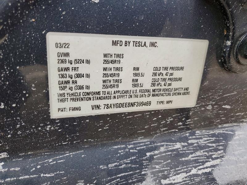 75805215 :رقم المزاد ، 7SAYGDEE8NF399469 vin ، 2022 Tesla Model Y مزاد بيع